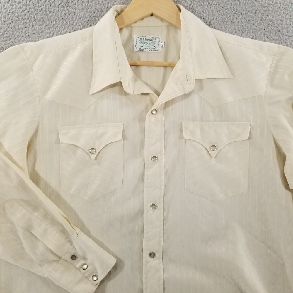 Vintage H Bar C Shirt Mens 17 XL Western Pearl Snap 70s Long Sleeve Rodeo